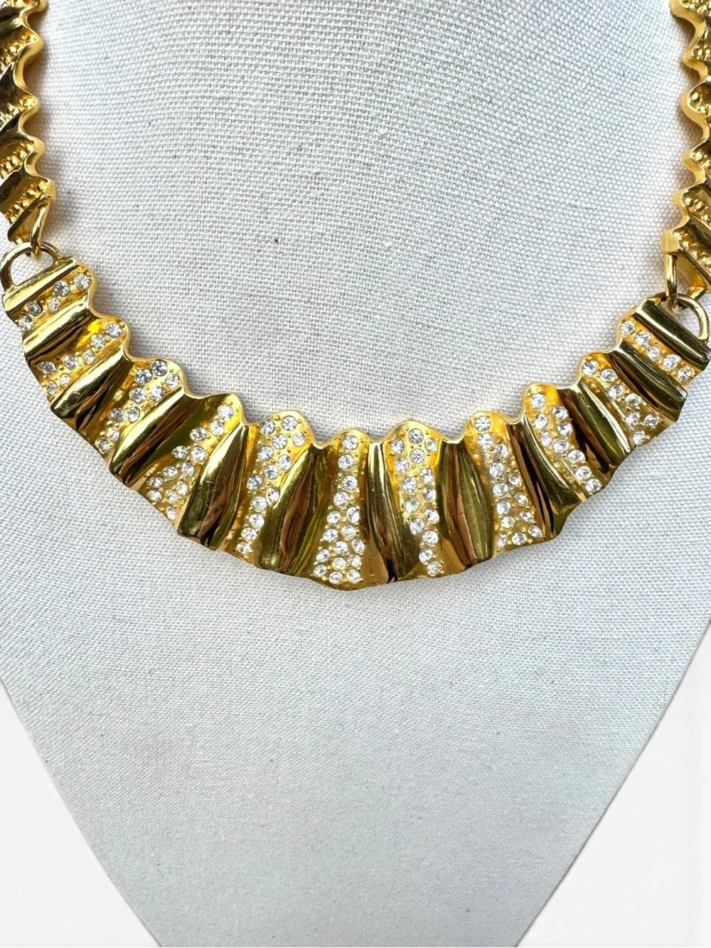 GIVENCHY Vintage Gold-tone Crystal Rhinestone Ripple Texture Statement Necklace